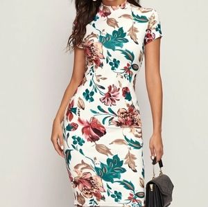Mock-neck Botanical Print Dress